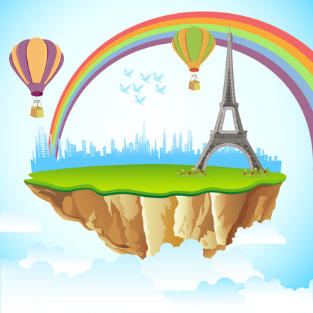 illustration of Eiffel Tower on earth in cloudscape backgroundのイラスト素材