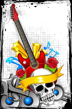 illustration of guitar with skull on abstract musical backgroundのイラスト素材