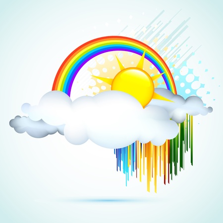 illustration of sun in clouds with rainbow in skyのイラスト素材