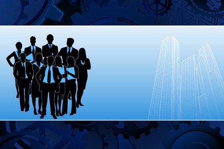 illustration of business team standing on corporate building backgroundのイラスト素材