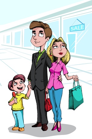 illustration of family doing shopping in mallのイラスト素材
