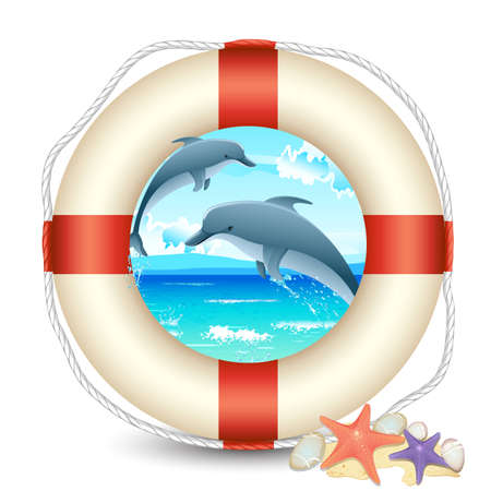 illustration of dolphin jumping in sea with lifebouyのイラスト素材