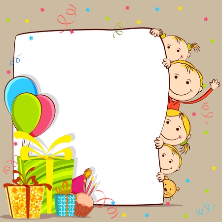 illustration of kids peeping behind birthday card with gift and balloonのイラスト素材