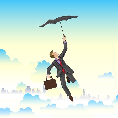 illustration of businessman flying on umbrella on cityscapeのイラスト素材