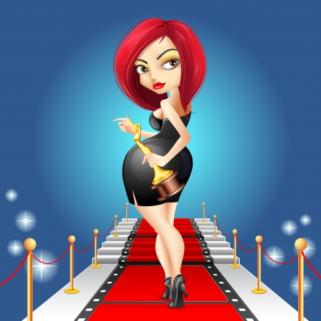 illustration of lady walking on red carpet with gold awardのイラスト素材