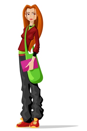 illustration of young girl with bag standing in attitudeのイラスト素材