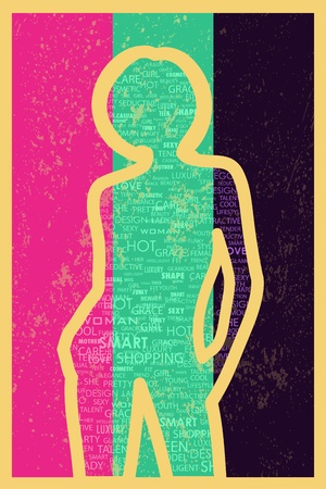 illustration of female model on multicolor background with fashion word cloudの写真素材