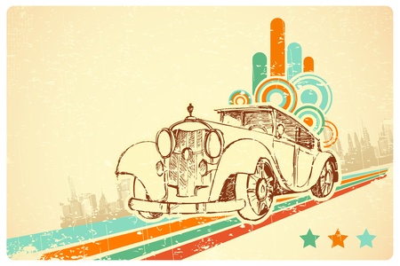 illustration of vintage car on colorful retro backgroundのイラスト素材
