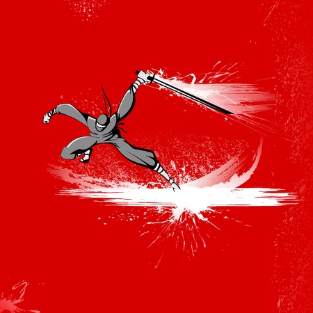 illustration of ninja fighter attacking with sword on grungy backgroundのイラスト素材