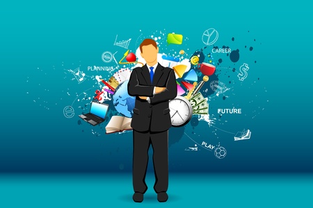 illustration of standing businessman with object all aroundのイラスト素材