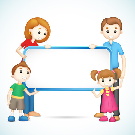 illustration of 3d happy family in vector fully scalable holding placardのイラスト素材