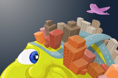 illustration of airplane flying above skyscraper on human headのイラスト素材