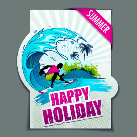 illustration of surfer in wave on happy holiday posterのイラスト素材