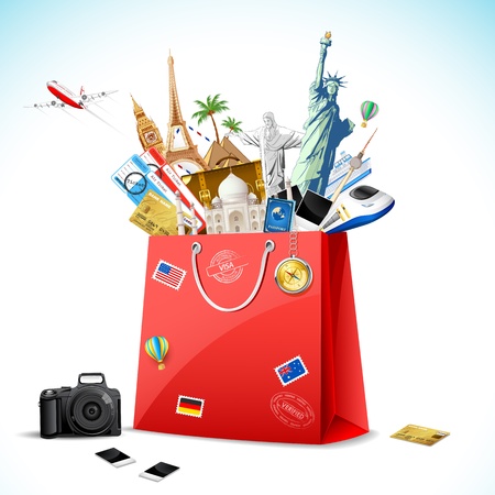 illustration of shopping bag full of famous monument with air ticket and airplane flying illustration of shopping bag full of famous monument with air ticket and airplane flying