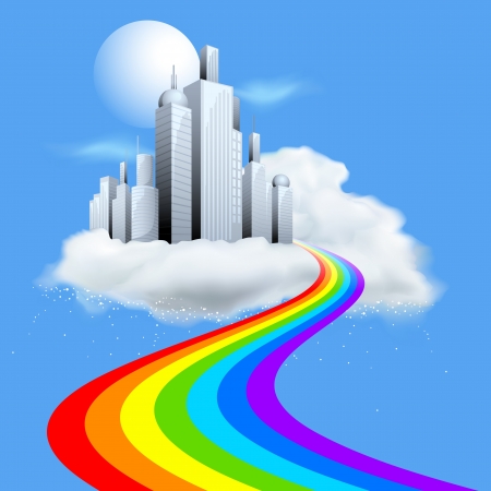 illustration of skyscraper building on cloud with rainbow pathの写真素材