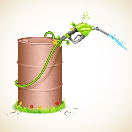 illustration of petrol nozzle wrapped with creeper with metal barrel showing green fuelのイラスト素材