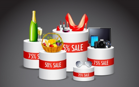illustration of display of various product in sale kept on platformの写真素材