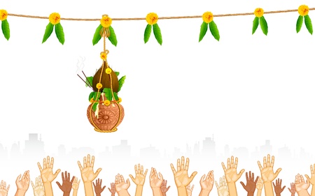 illustration of people catching dahi handi on Janmashtami backgroundのイラスト素材