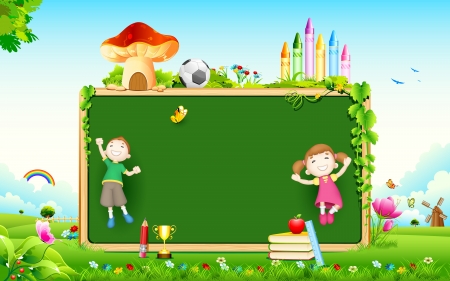 illustration of school kid playing in front of blank board illustration of school kid playing in front of blank board