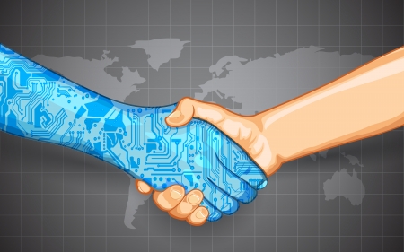 illustration of hand shake between technology and humanのイラスト素材