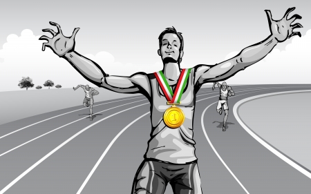 illustration of winner celebrating victory on racing trackのイラスト素材