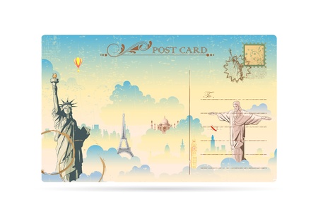 illustration of world famous monument on travel postcardのイラスト素材