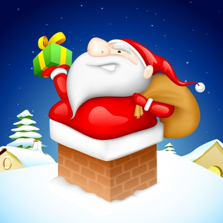 illustration of Santa CLaus entering through fire place pipe with giftのイラスト素材
