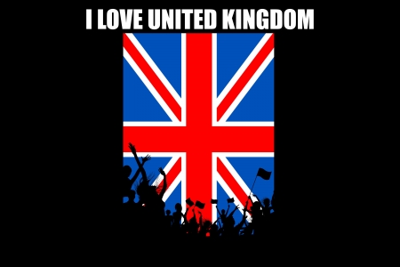 illustration of people cheering on Britian flag backgroundのイラスト素材