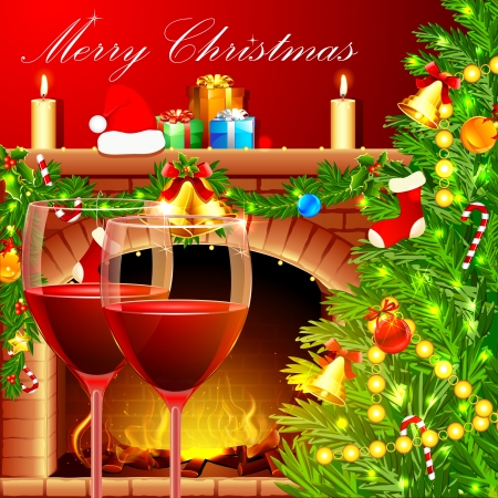 illustration of decorated Christmas tree with wine glass near fireplaceのイラスト素材