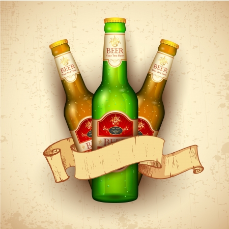 illustration of beer bottle with ribbon on grungy backgroundのイラスト素材