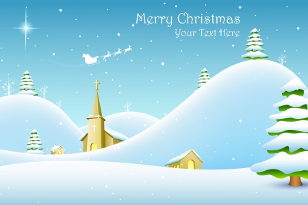 illustration of church in winter landscape in Christmas nightのイラスト素材