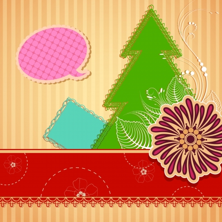 illustration of Christmas scrapbook with pine tree and flowerのイラスト素材