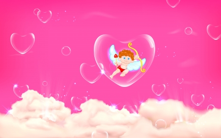 illustration of cupid floating in heart bubble in skyのイラスト素材