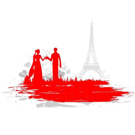 illustration of loving couple in Eiffel Towerのイラスト素材