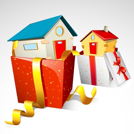 illustration of house in gift pack on white backgroundのイラスト素材