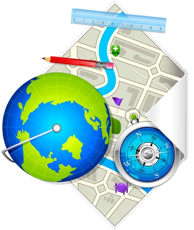 illustration of globe and compass with pencil on mapのイラスト素材