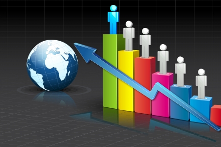 illustration of people standing on growing bar graph with globe on abstract backgroundのイラスト素材