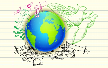 illustration of peace hand drawn doodle around earthのイラスト素材