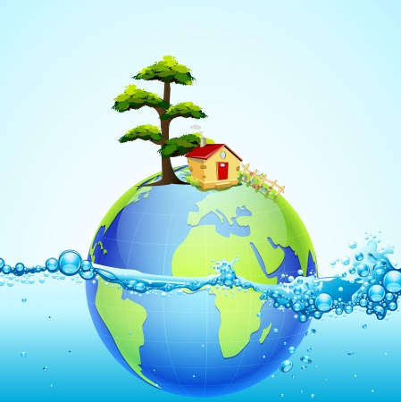 illustration of earth in splash of water with house and treeのイラスト素材