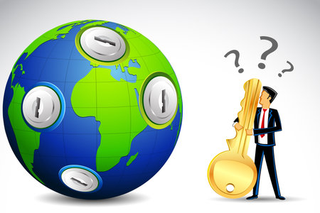 illustration of confused man with key standing in front of earth with keyholeのイラスト素材