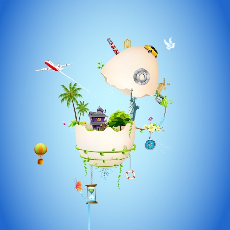 illustration of house with tree and statue of liberty in broken egg shellのイラスト素材