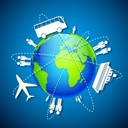 illustration of different means of transportation around globeのイラスト素材
