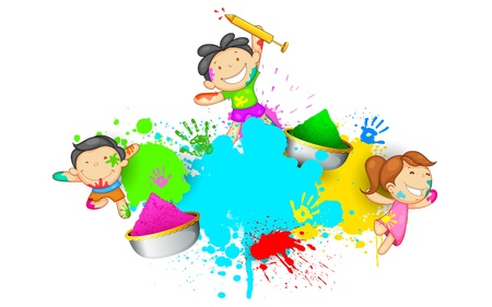 illustration of kids playing Holi with color and pichkariのイラスト素材