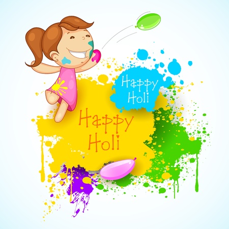 illustration of kids playing holi with color and balloonのイラスト素材