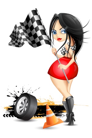 illustration of woman waving checkered sports flagのイラスト素材