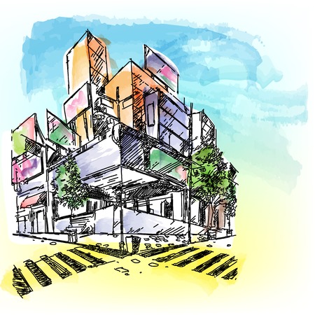 illustration of building inwatercolored styleのイラスト素材