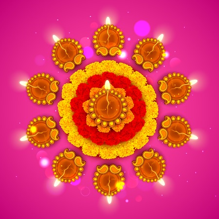 illustration of decorated Diwali diya on flower rangoliのイラスト素材