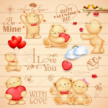 illustration of teddy bear in different pose for love backgroundのイラスト素材
