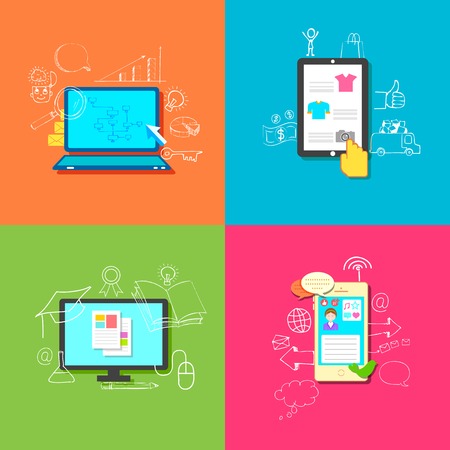 illustration of flat style online education, retail, business and communicationのイラスト素材