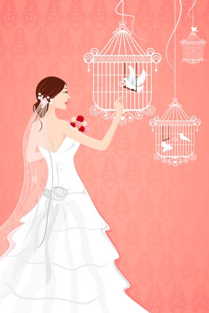 illustration of bride with bird cage on seamless backdropのイラスト素材